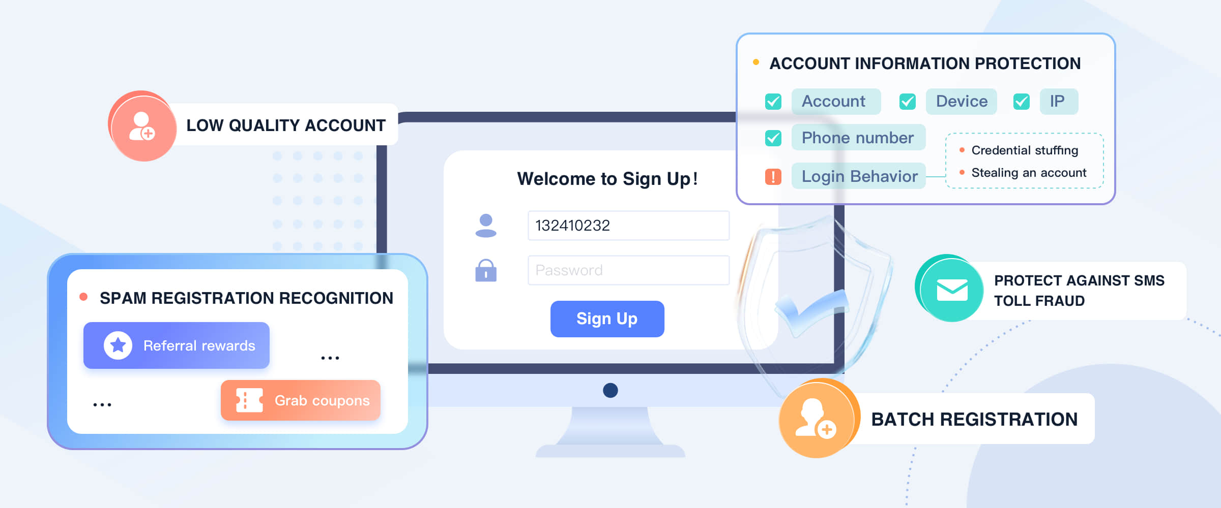 Detection of fake registrations and logins, including virtual machine detection and protection of legitimate user registrations and logins