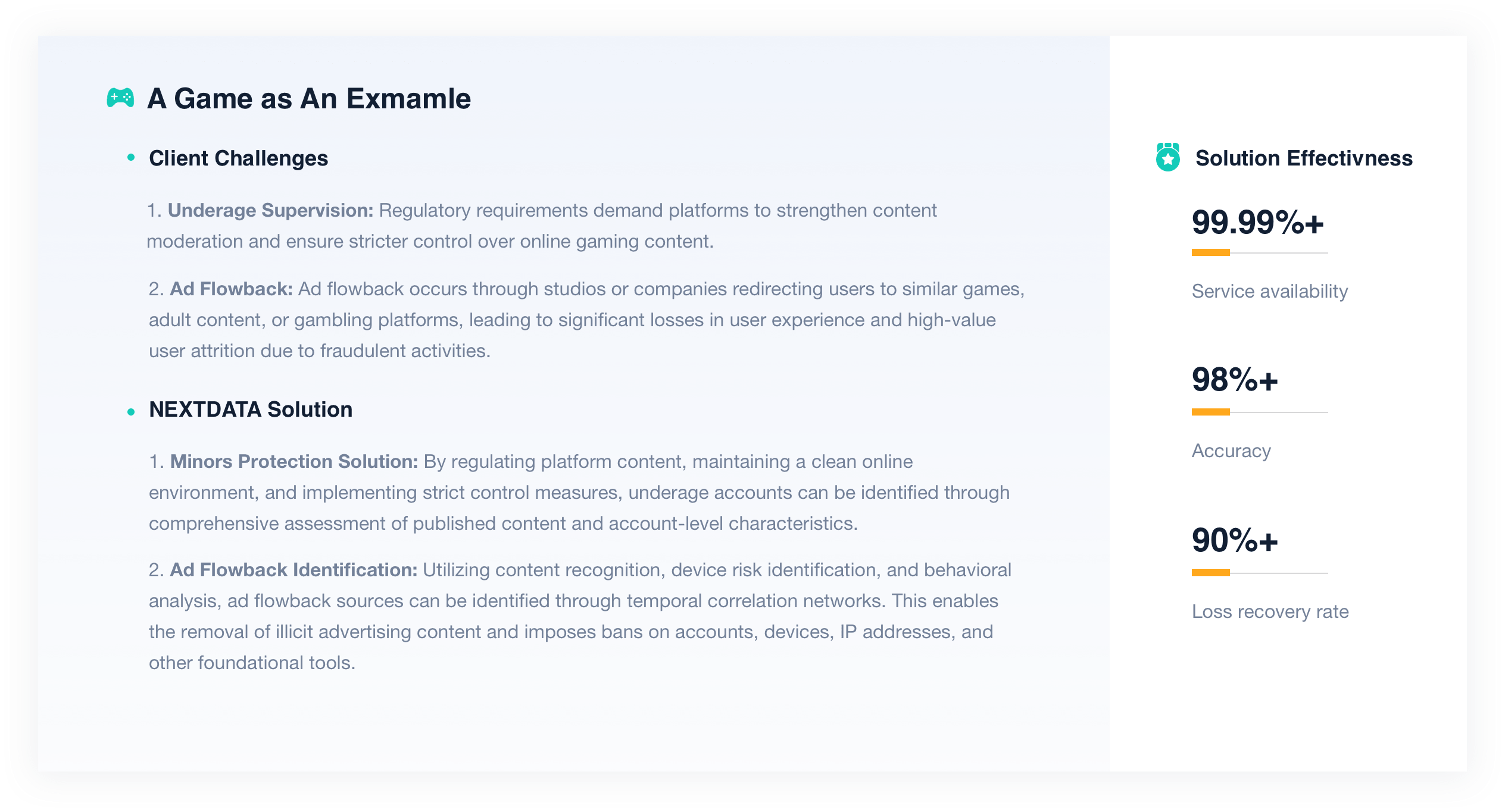 Case study on game content moderation and ad flowback issues. Highlights challenges of underage supervision and ad flowback in online gaming. NEXTDATA solutions include minors protection through content regulation and identification of ad flowback sources using content recognition, device risk identification, and behavioral analysis.